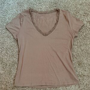 Brown Women's Lace Trim V-Neck Tee
